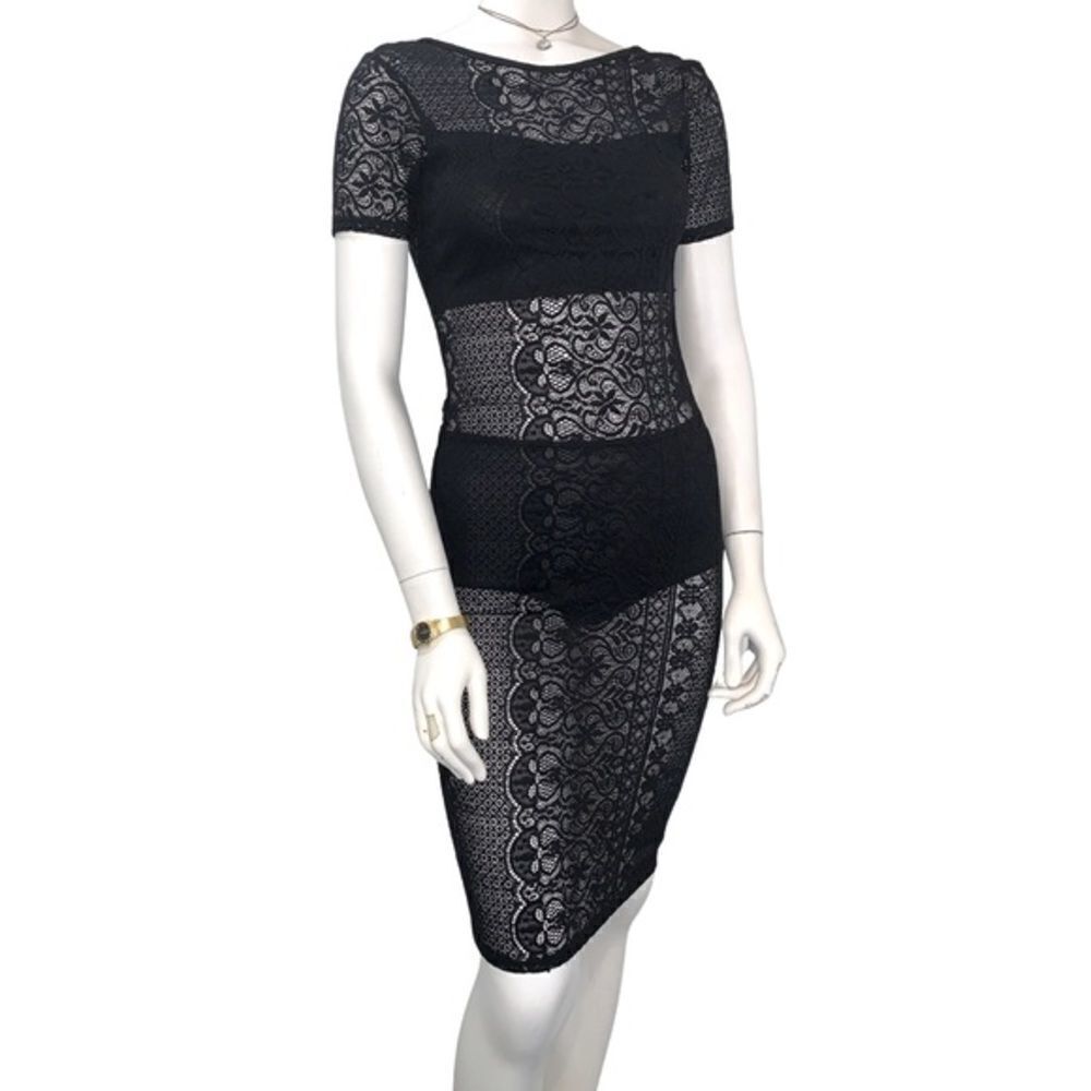 Black Lace Bodycon Dress | Size Small | Elegant Stretch Midi